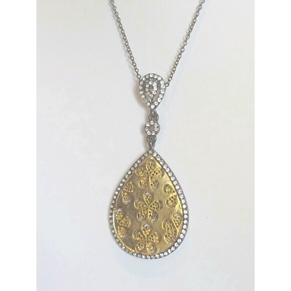 Teardrop Gold Tone Pendant Rhinestone Statement Chain Necklace 18" - Picture 3 of 4